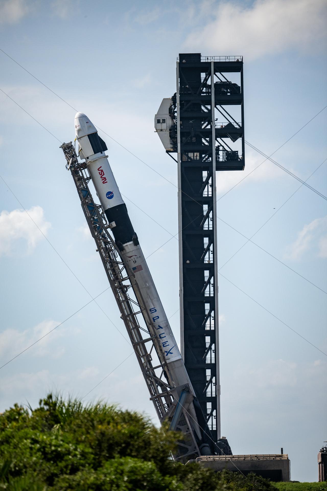 Falcon 9 rocket on the launch pad before a crew mission