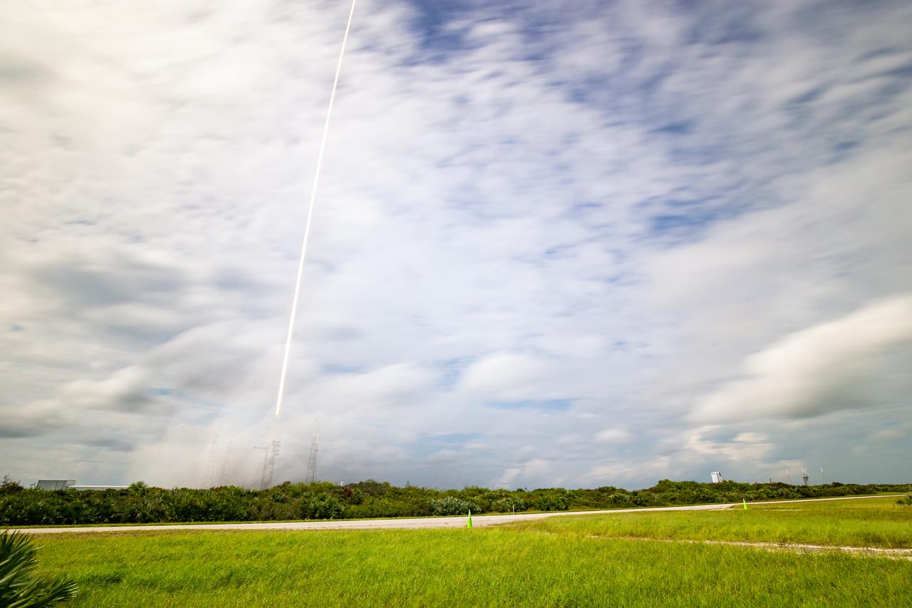 In this 30-second long exposure, a SpaceX Falcon 9 rocket carrying the company's Dragon spacecraft is launched on NASA’s SpaceX Crew-9 mission to the International Space Station with NASA astronaut Nick Hague and Roscosmos cosmonaut Aleksandr Gorbunov onboard, Saturday, Sept. 28, 2024, from Cape Canaveral Space Force Station in Florida. NASA’s SpaceX Crew-9 mission is the ninth crew rotation mission of the SpaceX Dragon spacecraft and Falcon 9 rocket to the International Space Station as part of the agency’s Commercial Crew Program. Hague and Gorbunov launched at 1:17 p.m. EDT from Space Launch Complex 40 at the Cape Canaveral Space Force Station to begin a six month mission aboard the orbital outpost. Photo Credit: (NASA/Keegan Barber)