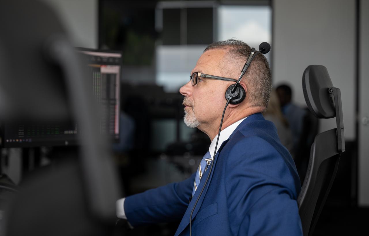 NASA Associate Administrator Jim Free monitors the countdown of the launch of a SpaceX Falcon 9 rocket carrying the company's Dragon spacecraft on NASA’s SpaceX Crew-9 mission with NASA astronaut Nick Hague and Roscosmos cosmonaut Aleksandr Gorbunov onboard, Saturday, Sept. 28, 2024, in the control center of SpaceX’s HangarX at NASA’s Kennedy Space Center in Florida. NASA’s SpaceX Crew-9 mission is the ninth crew rotation mission of the SpaceX Dragon spacecraft and Falcon 9 rocket to the International Space Station as part of the agency’s Commercial Crew Program. Hague and Gorbunov are scheduled to launch at 1:17 p.m. EDT, from Space Launch Complex 40 at the Cape Canaveral Space Force Station. Photo Credit: (NASA/Keegan Barber)