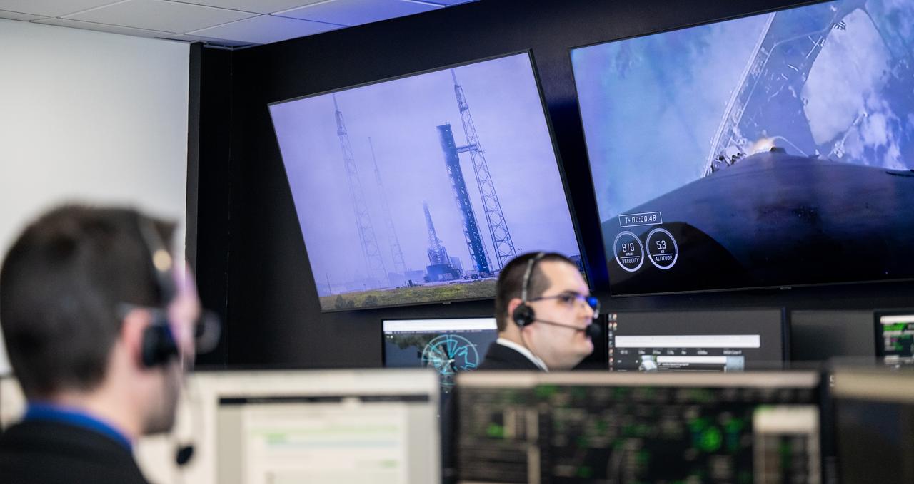 Staff monitor the launch of a SpaceX Falcon 9 rocket carrying the company's Dragon spacecraft on the Crew-9 mission with NASA astronaut Nick Hague and Roscosmos cosmonaut Aleksandr Gorbunov onboard, Saturday, Sept. 28, 2024, in the control room of SpaceX’s HangarX at NASA’s Kennedy Space Center in Florida. NASA’s SpaceX Crew-9 mission is the ninth crew rotation mission of the SpaceX Dragon spacecraft and Falcon 9 rocket to the International Space Station as part of the agency’s Commercial Crew Program. Hague and Gorbunov launched at 1:17 p.m. EDT, from Space Launch Complex 40 at the Cape Canaveral Space Force Station. Photo Credit: (NASA/Keegan Barber)