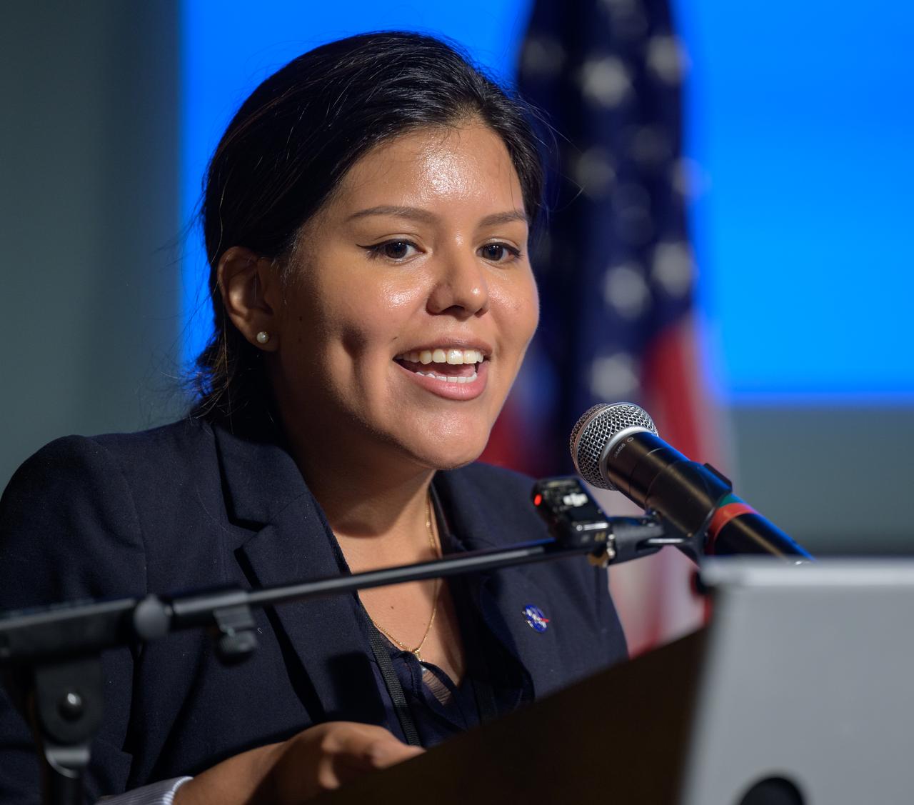 NASA Public Engagement Advisor Sol Ortega moderates an event where NASA and the Hispanic Heritage Foundation signed a Space Act Agreement to collaborate and expand STEM opportunities for Latino K-12 and university students and reduce barriers to agency activities and opportunities, Monday, Sept. 30, 2024, at the NASA Headquarters Mary W. Jackson Building in Washington. Photo Credit: (NASA/Bill Ingalls)