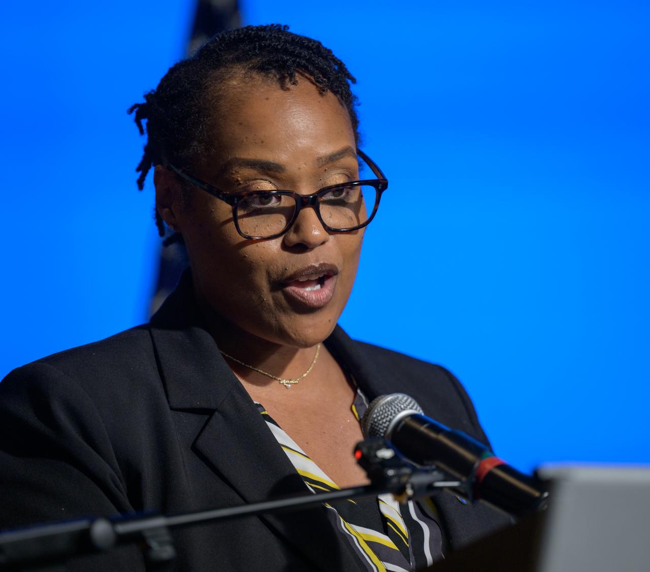 NASA Minority University Research and Education Project, Program Manager, Keya Briscoe, gives remarks during an event where NASA and the Hispanic Heritage Foundation signed a Space Act Agreement to collaborate and expand STEM opportunities for Latino K-12 and university students and reduce barriers to agency activities and opportunities, Monday, Sept. 30, 2024, at the NASA Headquarters Mary W. Jackson Building in Washington. Photo Credit: (NASA/Bill Ingalls)