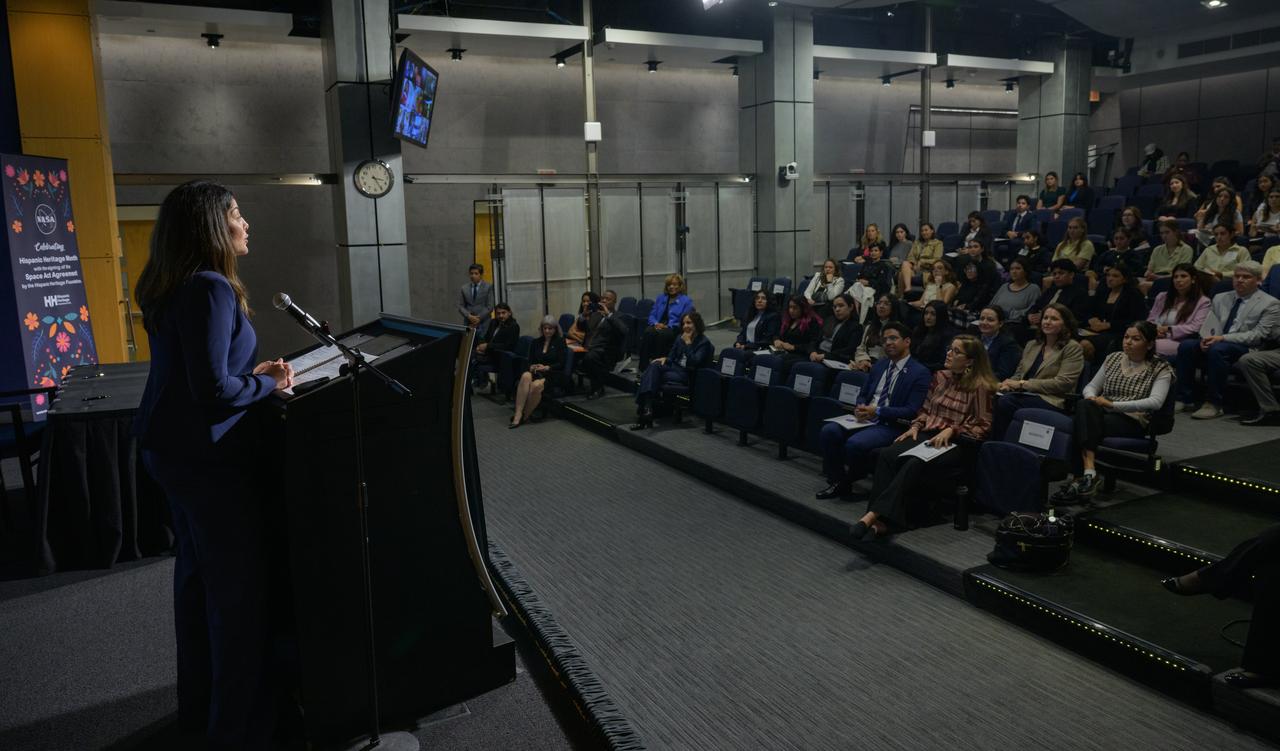 NASA Flight Director Diana Trujillo gives remarks during an event where NASA and the Hispanic Heritage Foundation signed a Space Act Agreement to collaborate and expand STEM opportunities for Latino K-12 and university students and reduce barriers to agency activities and opportunities, Monday, Sept. 30, 2024, at the NASA Headquarters Mary W. Jackson Building in Washington. Photo Credit: (NASA/Bill Ingalls)