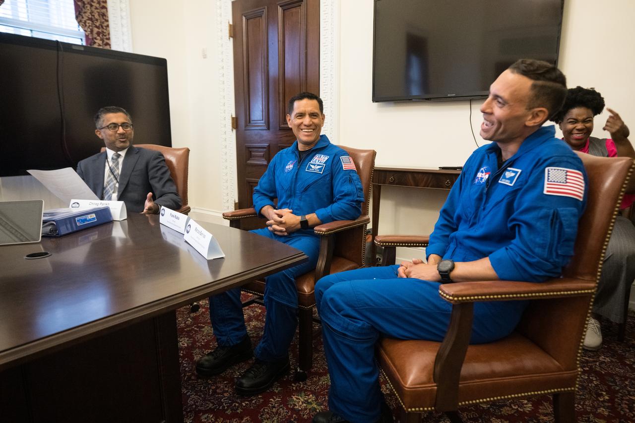 Chirag Parikh, Deputy Assistant to the President and Executive Secretary of the National Space Council, left, and NASA Astronauts Frank Rubio, center, and Marcos Berrios, speak at a staff engagement event that took place during a White House Hispanic Heritage month event titled “Soaring Together: Inspiring the Next Generation of Space Leaders” at the Eisenhower Executive Office Building, Monday, Sept. 30, 2024 in Washington. Photo Credit: (NASA/Aubrey Gemignani)