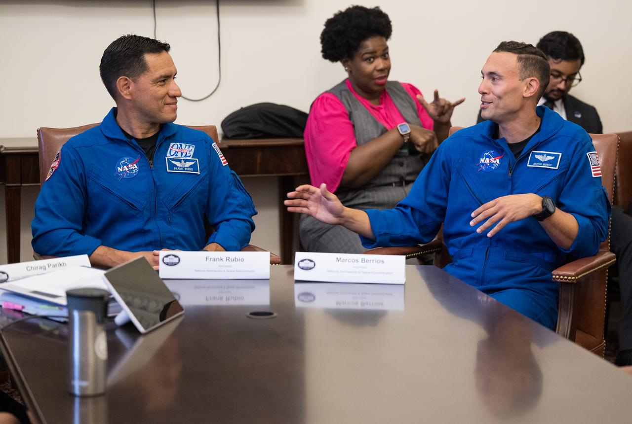 NASA Astronauts Frank Rubio, left, and Marcos Berrios, speak at a staff engagement event that took place during a White House Hispanic Heritage month event titled “Soaring Together: Inspiring the Next Generation of Space Leaders” at the Eisenhower Executive Office Building, Monday, Sept. 30, 2024 in Washington. Photo Credit: (NASA/Aubrey Gemignani)