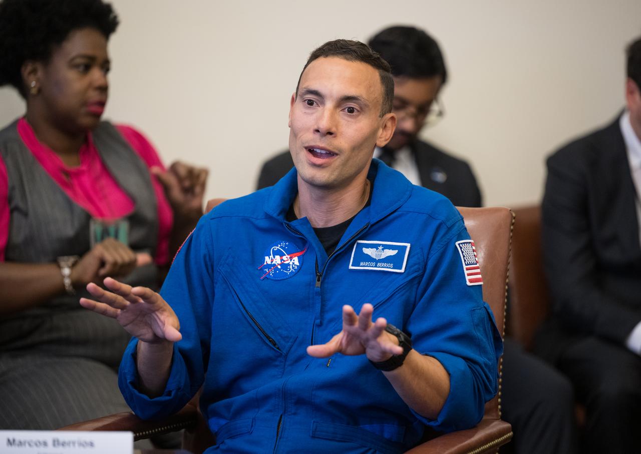 NASA Astronaut Marcos Berrios speaks at a staff engagement event that took place during a White House Hispanic Heritage month event titled “Soaring Together: Inspiring the Next Generation of Space Leaders” at the Eisenhower Executive Office Building, Monday, Sept. 30, 2024 in Washington. Photo Credit: (NASA/Aubrey Gemignani)