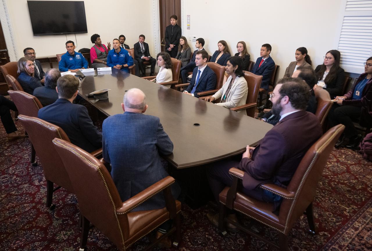 Chirag Parikh, Deputy Assistant to the President and Executive Secretary of the National Space Council, top left, and NASA Astronauts Frank Rubio, center, and Marcos Berrios, speak at a staff engagement event that took place during a White House Hispanic Heritage month event titled “Soaring Together: Inspiring the Next Generation of Space Leaders” at the Eisenhower Executive Office Building, Monday, Sept. 30, 2024 in Washington. Photo Credit: (NASA/Aubrey Gemignani)