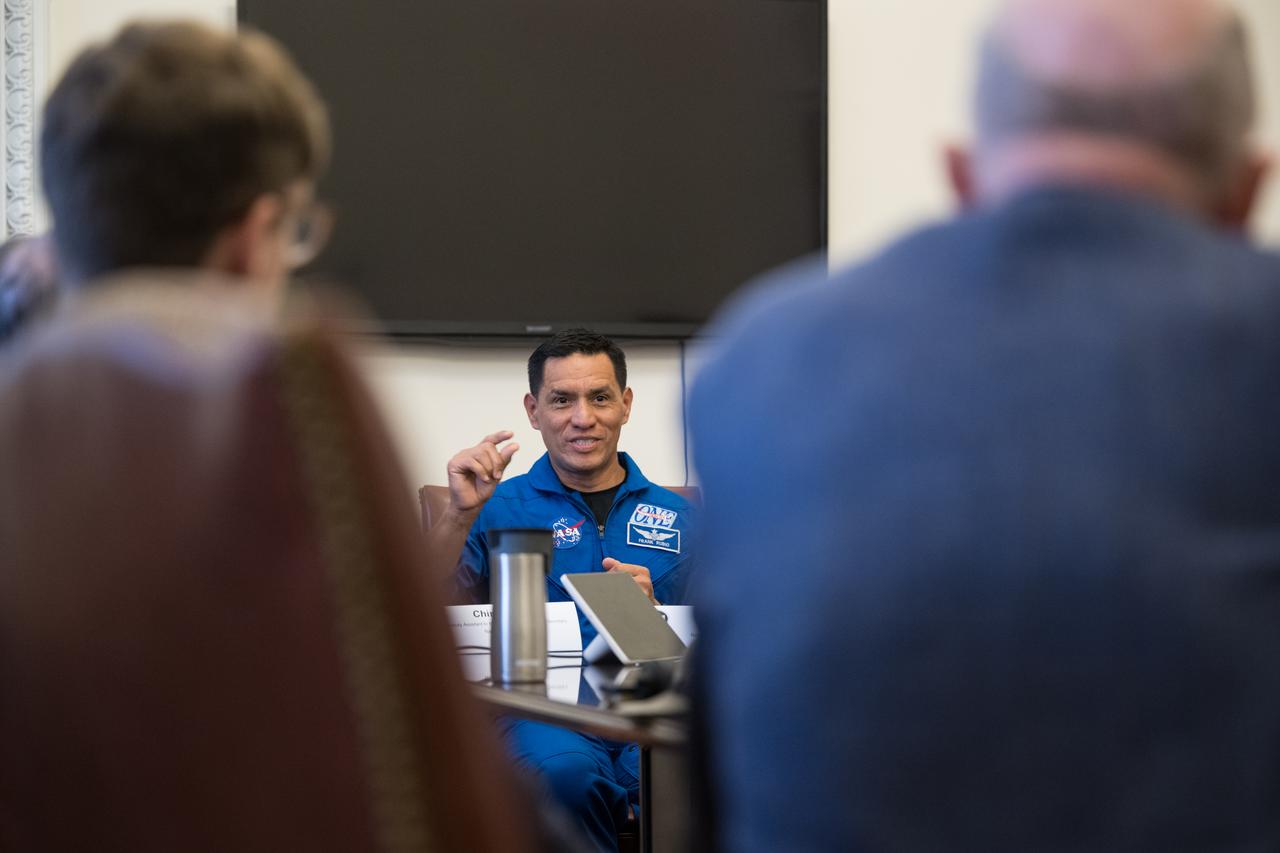 NASA Astronaut Frank Rubio speaks at a staff engagement event that took place during a White House Hispanic Heritage month event titled “Soaring Together: Inspiring the Next Generation of Space Leaders” at the Eisenhower Executive Office Building, Monday, Sept. 30, 2024 in Washington. Photo Credit: (NASA/Aubrey Gemignani)