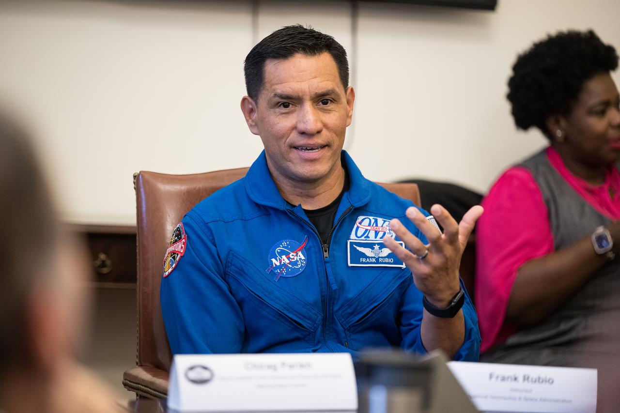 NASA Astronaut Frank Rubio speaks at a staff engagement event that took place during a White House Hispanic Heritage month event titled “Soaring Together: Inspiring the Next Generation of Space Leaders” at the Eisenhower Executive Office Building, Monday, Sept. 30, 2024 in Washington. Photo Credit: (NASA/Aubrey Gemignani)
