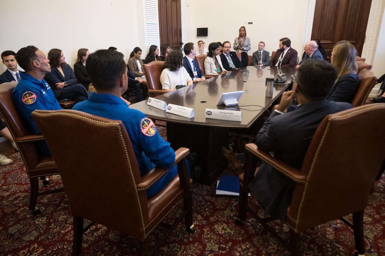 Carrington Jones-Jackson, Intern, Vice Presidential Correspondence, asks a question at at a staff engagement event that took place during a White House Hispanic Heritage month event titled “Soaring Together: Inspiring the Next Generation of Space Leaders” at the Eisenhower Executive Office Building, Monday, Sept. 30, 2024 in Washington. Photo Credit: (NASA/Aubrey Gemignani)