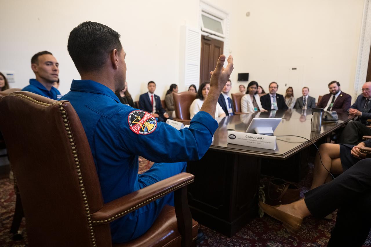 NASA Astronaut Frank Rubio answers a question at a staff engagement event that took place during a White House Hispanic Heritage month event titled “Soaring Together: Inspiring the Next Generation of Space Leaders” at the Eisenhower Executive Office Building, Monday, Sept. 30, 2024 in Washington. Photo Credit: (NASA/Aubrey Gemignani)