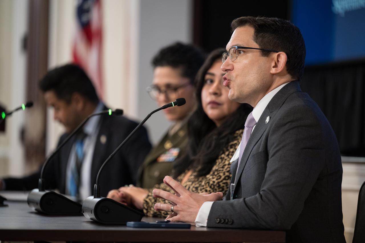 Ron Lopez, President, Astroscale, US, speaks on a panel at a White House Hispanic Heritage month event titled “Soaring Together: Inspiring the Next Generation of Space Leaders” at the Eisenhower Executive Office Building, Monday, Sept. 30, 2024 in Washington. Photo Credit: (NASA/Aubrey Gemignani)