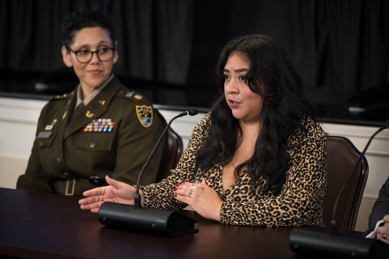 Karina Perez, Director for Unmanned and Emerging Aviation Technologies, Aerospace Industries Association, speaks on a panel at a White House Hispanic Heritage month event titled “Soaring Together: Inspiring the Next Generation of Space Leaders” at the Eisenhower Executive Office Building, Monday, Sept. 30, 2024 in Washington. Photo Credit: (NASA/Aubrey Gemignani)