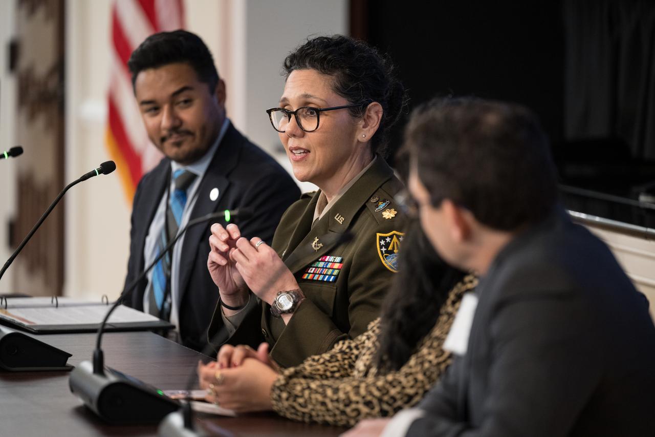 Major Sandra Ahinga, Chief of Operations Law, U.S. Space Command, speaks on a panel at a White House Hispanic Heritage month event titled “Soaring Together: Inspiring the Next Generation of Space Leaders” at the Eisenhower Executive Office Building, Monday, Sept. 30, 2024 in Washington. Photo Credit: (NASA/Aubrey Gemignani)