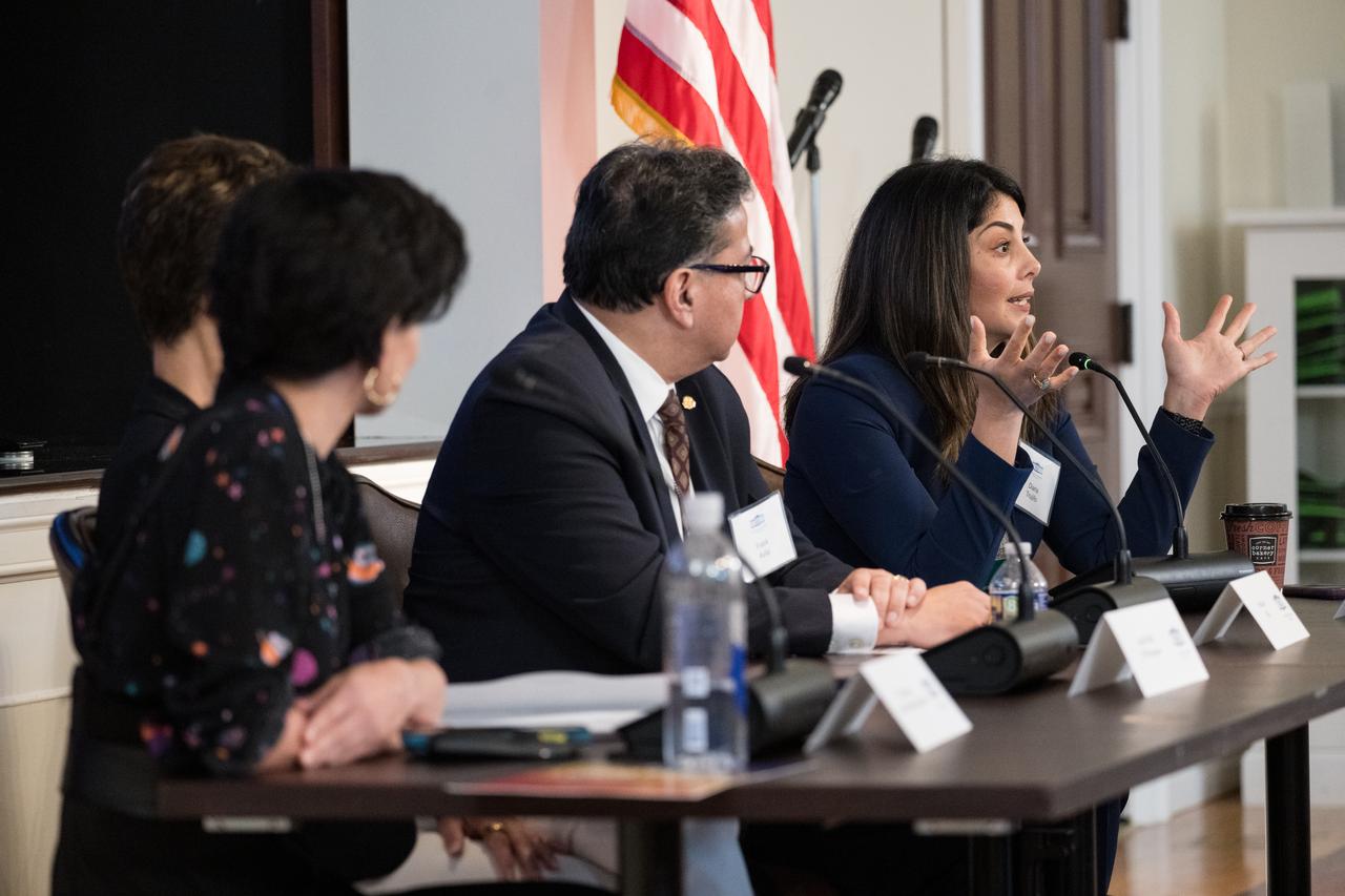 Diana Trujillo, NASA Human Spaceflight Director, right, speaks on a panel with, from left to right, moderator Trina Espinoza, Science Communicator, Hispanic Heritage Foundation, Ingrid Padilla, Professor in Environmental and Water Resources Engineering, University of Puerto Rico, Mayaguez (UPRM), and Frank Avila, Deputy Director, Source Operations, National Geospatial-Intelligence Agency (NGA), at a White House Hispanic Heritage month event titled “Soaring Together: Inspiring the Next Generation of Space Leaders” at the Eisenhower Executive Office Building, Monday, Sept. 30, 2024 in Washington. Photo Credit: (NASA/Aubrey Gemignani)