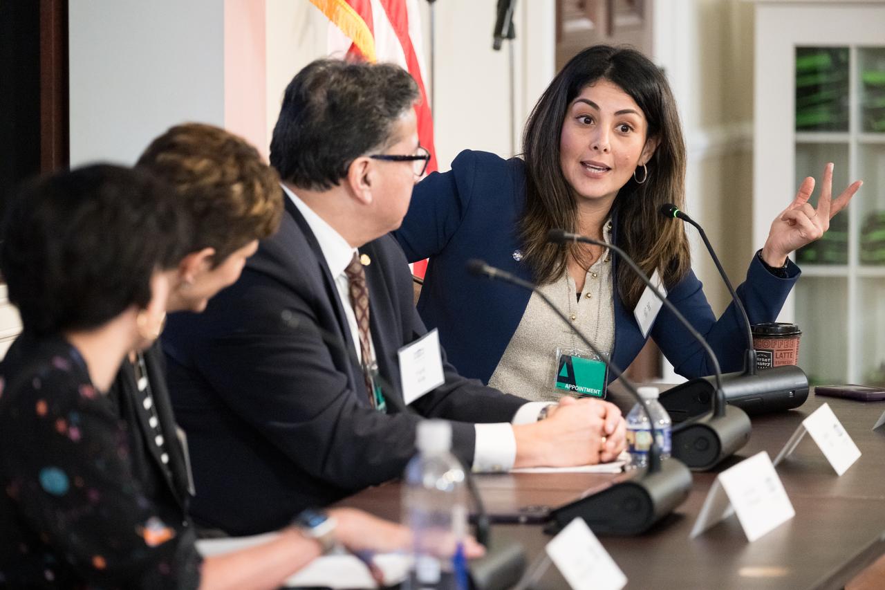 Diana Trujillo, NASA Human Spaceflight Director, right, speaks on a panel with, from left to right, moderator Trina Espinoza, Science Communicator, Hispanic Heritage Foundation, Ingrid Padilla, Professor in Environmental and Water Resources Engineering, University of Puerto Rico, Mayaguez (UPRM), and Frank Avila, Deputy Director, Source Operations, National Geospatial-Intelligence Agency (NGA), at a White House Hispanic Heritage month event titled “Soaring Together: Inspiring the Next Generation of Space Leaders” at the Eisenhower Executive Office Building, Monday, Sept. 30, 2024 in Washington. Photo Credit: (NASA/Aubrey Gemignani)