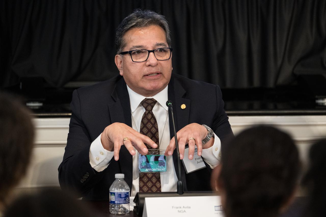 Frank Avila, Deputy Director, Source Operations, National Geospatial-Intelligence Agency (NGA) speaks on a panel at a White House Hispanic Heritage month event titled “Soaring Together: Inspiring the Next Generation of Space Leaders” at the Eisenhower Executive Office Building, Monday, Sept. 30, 2024 in Washington. Photo Credit: (NASA/Aubrey Gemignani)