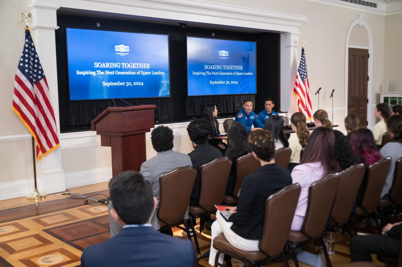 Wilmar Galvez Alfonso, Aerospace Engineering Student, Embry-Riddle Aeronautical University moderates a discussion with NASA astronauts Frank Rubio and Marcos Berrios at a White House Hispanic Heritage month event titled “Soaring Together: Inspiring the Next Generation of Space Leaders” at the Eisenhower Executive Office Building, Monday, Sept. 30, 2024 in Washington. Photo Credit: (NASA/Aubrey Gemignani)