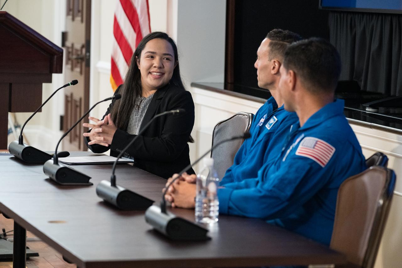 Wilmar Galvez Alfonso, Aerospace Engineering Student, Embry-Riddle Aeronautical University moderates a discussion with NASA astronauts Frank Rubio and Marcos Berrios at a White House Hispanic Heritage month event titled “Soaring Together: Inspiring the Next Generation of Space Leaders” at the Eisenhower Executive Office Building, Monday, Sept. 30, 2024 in Washington. Photo Credit: (NASA/Aubrey Gemignani)