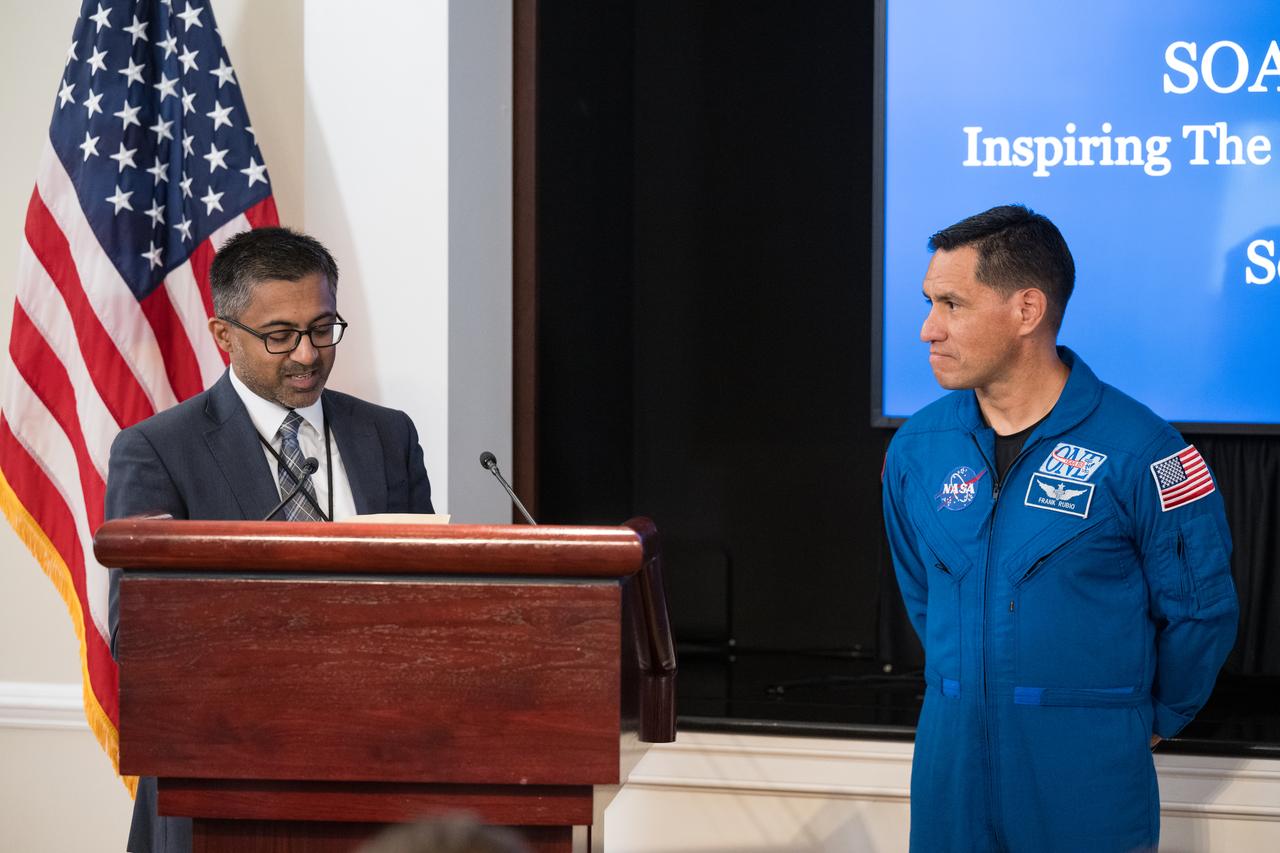 Chirag Parikh, Deputy Assistant to the President and Executive Secretary of the National Space Council, reads a letter from U.S. Vice President Kamala Harris to NASA astronaut Frank Rubio at the conclusion of a White House Hispanic Heritage month event titled “Soaring Together: Inspiring the Next Generation of Space Leaders” at the Eisenhower Executive Office Building, Monday, Sept. 30, 2024 in Washington. Photo Credit: (NASA/Aubrey Gemignani)