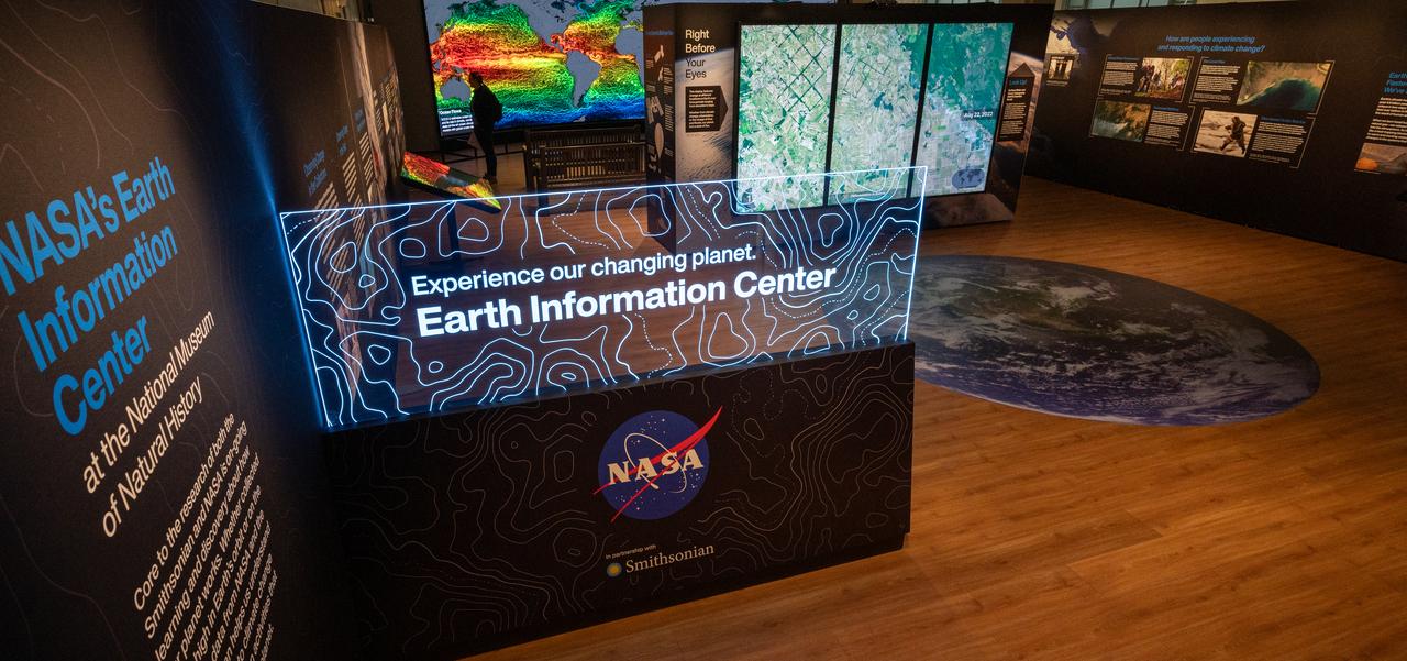 The Earth Information Center at the Smithsonian National Museum of Natural History, in Washington, is previewed, Monday, Oct. 7, 2024. The exhibit includes a video wall displaying Earth science data visualizations and videos, an interpretive panel showing Earth’s connected systems, information on our changing world, and an overview of how NASA and the Smithsonian study our home planet. Photo Credit: (NASA/Bill Ingalls)