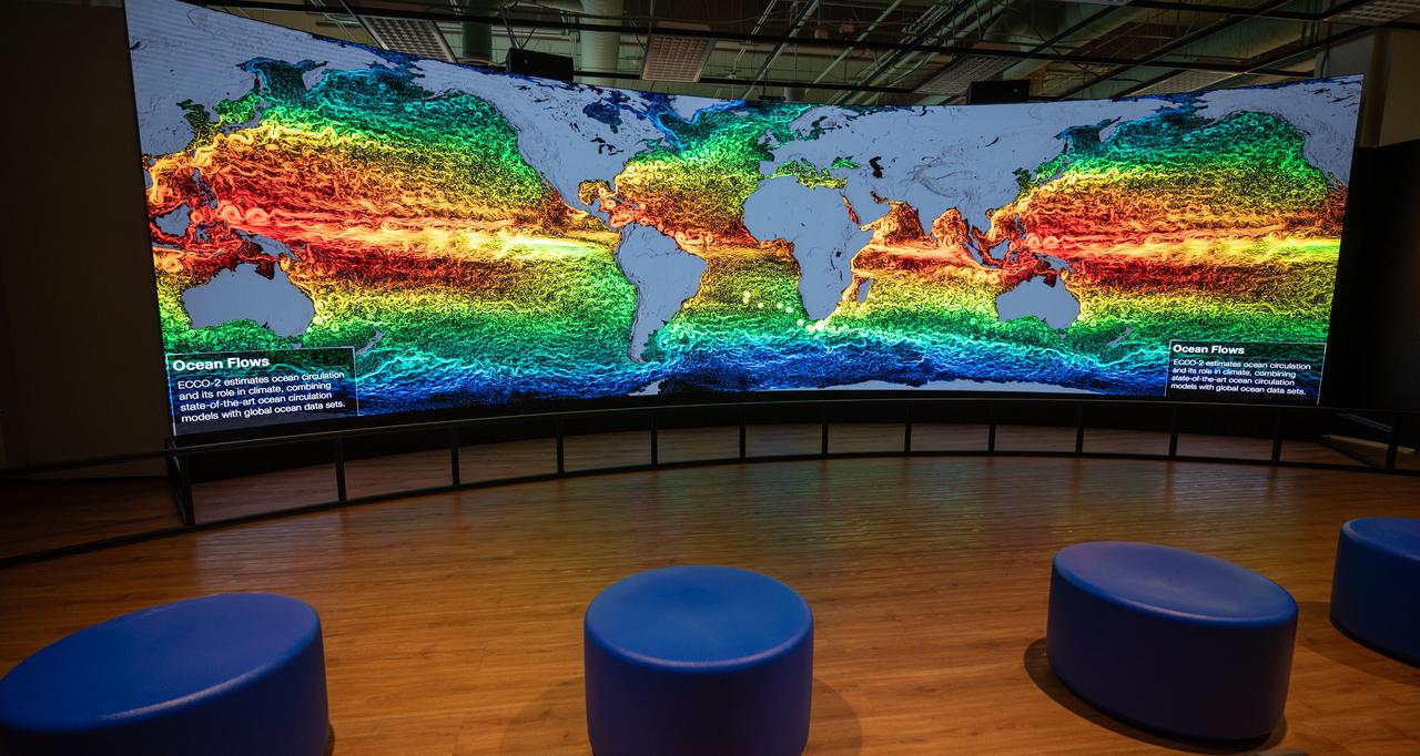 The Earth Information Center at the Smithsonian National Museum of Natural History, in Washington, is previewed, Monday, Oct. 7, 2024. The exhibit includes a video wall displaying Earth science data visualizations and videos, an interpretive panel showing Earth’s connected systems, information on our changing world, and an overview of how NASA and the Smithsonian study our home planet. Photo Credit: (NASA/Bill Ingalls)