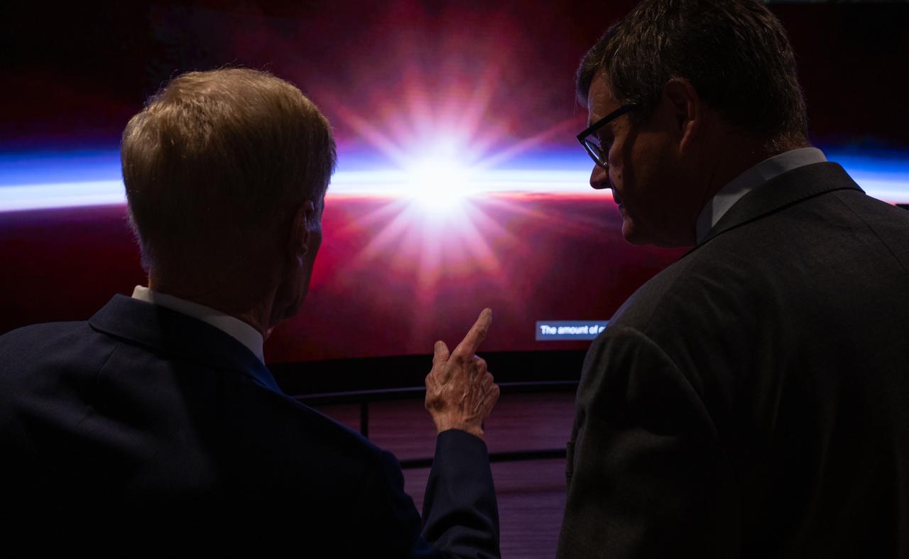NASA Administrator Bill Nelson, left, and Smithsonian Museum of Natural History, Sant Director, Kirk Johnson, preview the Earth Information Center at the Smithsonian National Museum of Natural History, in Washington, Monday, Oct. 7, 2024. The exhibit includes a video wall displaying Earth science data visualizations and videos, an interpretive panel showing Earth’s connected systems, information on our changing world, and an overview of how NASA and the Smithsonian study our home planet. Photo Credit: (NASA/Bill Ingalls)
