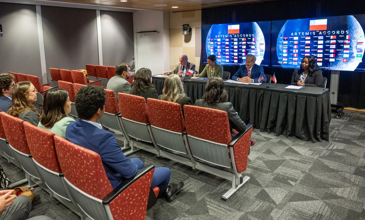 NASA Administrator Bill Nelson, second from right, delivers remarks during an Artemis Accords signing ceremony Friday, Oct. 25, 2024, at the Mary W. Jackson NASA Headquarters building in Washington. The Republic of Chile is the 47th country to sign the Artemis Accords, which establish a practical set of principles to guide space exploration cooperation among nations participating in NASA’s Artemis program. Photo Credit: (NASA/Keegan Barber)