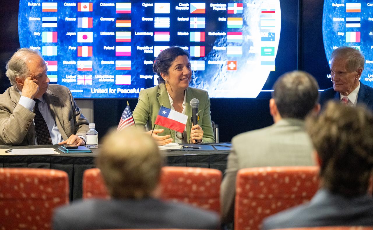 Chilean Minister of Science, Technology, Knowledge, and Innovation Aisén Etcheverry Escudero, center, delivers remarks during an Artemis Accords signing ceremony Friday, Oct. 25, 2024, at the Mary W. Jackson NASA Headquarters building in Washington. The Republic of Chile is the 47th country to sign the Artemis Accords, which establish a practical set of principles to guide space exploration cooperation among nations participating in NASA’s Artemis program. Photo Credit: (NASA/Keegan Barber)