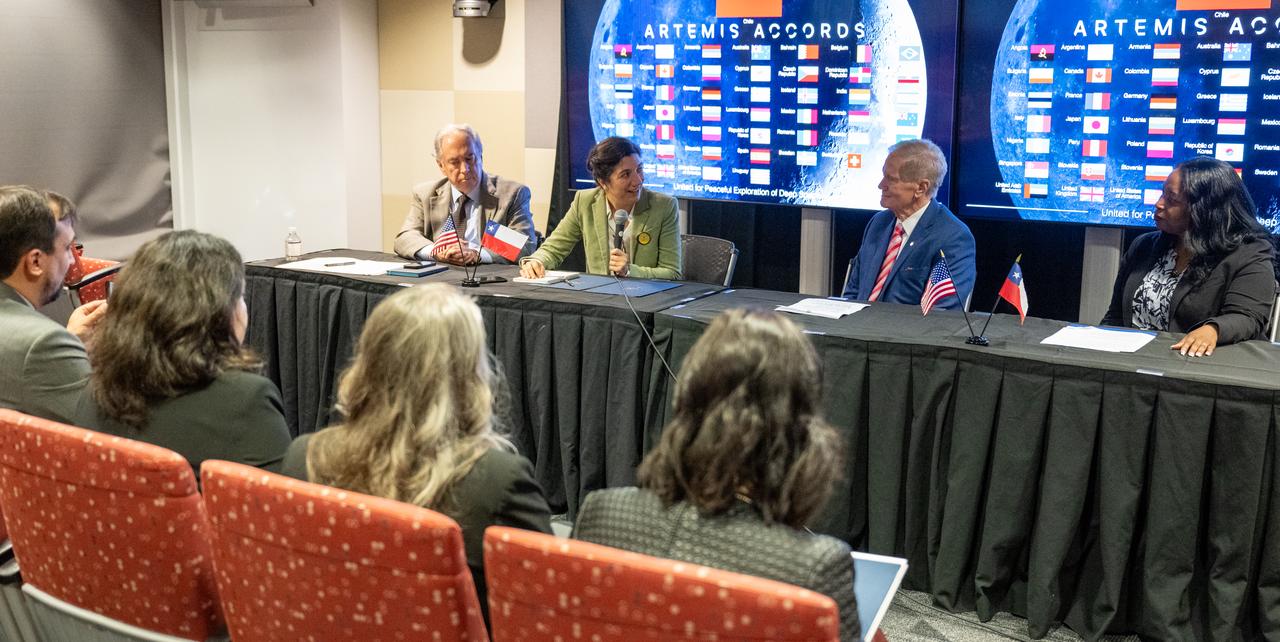 Chilean Minister of Science, Technology, Knowledge, and Innovation Aisén Etcheverry Escudero, second from left, delivers remarks during an Artemis Accords signing ceremony Friday, Oct. 25, 2024, at the Mary W. Jackson NASA Headquarters building in Washington. The Republic of Chile is the 47th country to sign the Artemis Accords, which establish a practical set of principles to guide space exploration cooperation among nations participating in NASA’s Artemis program. Photo Credit: (NASA/Keegan Barber)