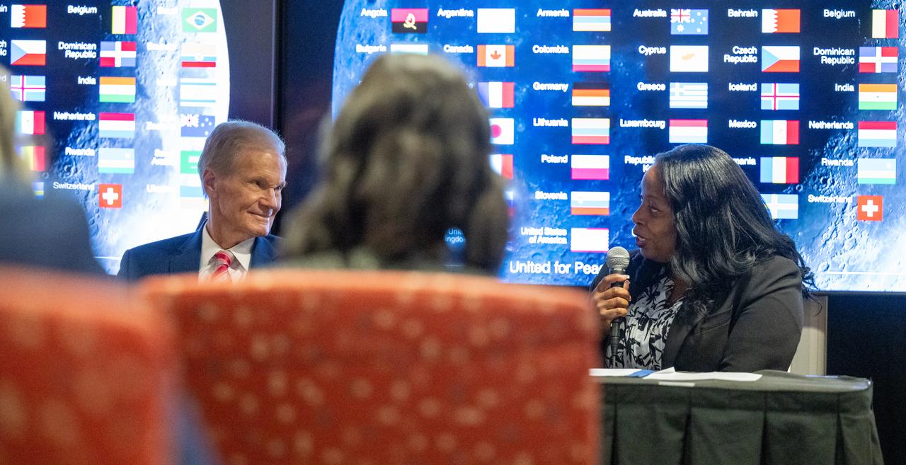United States Department of State Acting Assistant Secretary in the Bureau of Oceans and International Environmental and Scientific Affairs Jennifer R. Littlejohn, right, delivers remarks during an Artemis Accords signing ceremony Friday, Oct. 25, 2024, at the Mary W. Jackson NASA Headquarters building in Washington. The Republic of Chile is the 47th country to sign the Artemis Accords, which establish a practical set of principles to guide space exploration cooperation among nations participating in NASA’s Artemis program. Photo Credit: (NASA/Keegan Barber)