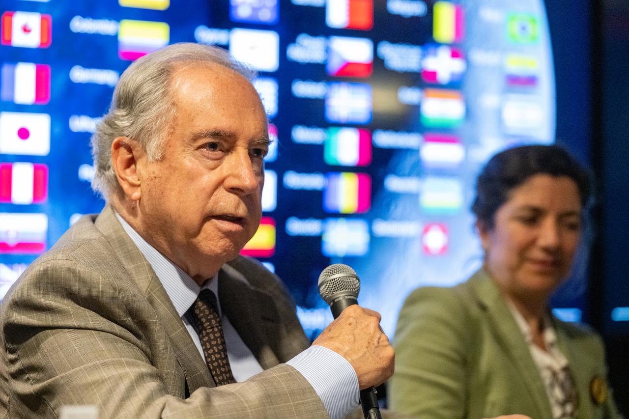 Chilean Ambassador to the United States Juan Gabriel Valdés, left, delivers remarks during an Artemis Accords signing ceremony Friday, Oct. 25, 2024, at the Mary W. Jackson NASA Headquarters building in Washington. The Republic of Chile is the 47th country to sign the Artemis Accords, which establish a practical set of principles to guide space exploration cooperation among nations participating in NASA’s Artemis program. Photo Credit: (NASA/Keegan Barber)