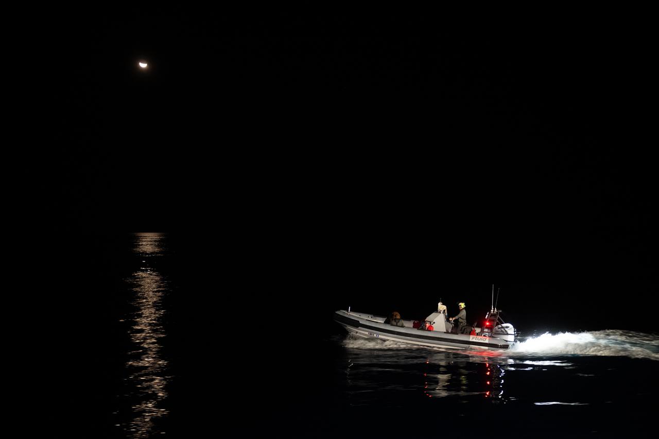 A fastboat is seen in the Gulf of Mexico after being deployed from the SpaceX recovery ship MEGAN as the recovery team prepares for the landing of the SpaceX Dragon spacecraft with NASA astronauts Matthew Dominick, Michael Barratt, and Jeanette Epps, and Roscosmos cosmonaut Alexander Grebenkin aboard, Friday, Oct. 25, 2024, off the coast of Pensacola, Florida. Dominick, Barratt, Epps, Grebenkin are returning after seven-months days in space as part of Expedition 71 aboard the International Space Station. Photo Credit: (NASA/Joel Kowsky)