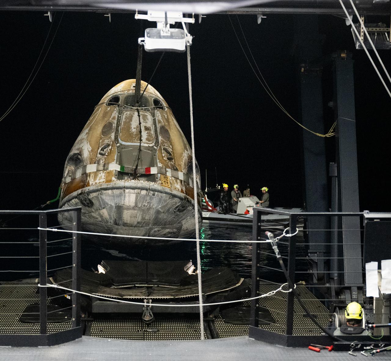 The SpaceX Crew Dragon Endeavour spacecraft is seen as it lands with NASA astronauts Matthew Dominick, Michael Barratt, and Jeanette Epps, and Roscosmos cosmonaut Alexander Grebenkin aboard in the Gulf of Mexico off the coast of Pensacola, Florida, Friday, Oct. 25, 2024. Dominick, Barratt, Epps, Grebenkin are returning after seven-months in space as part of Expedition 71 aboard the International Space Station. Photo Credit: (NASA/Joel Kowsky)
