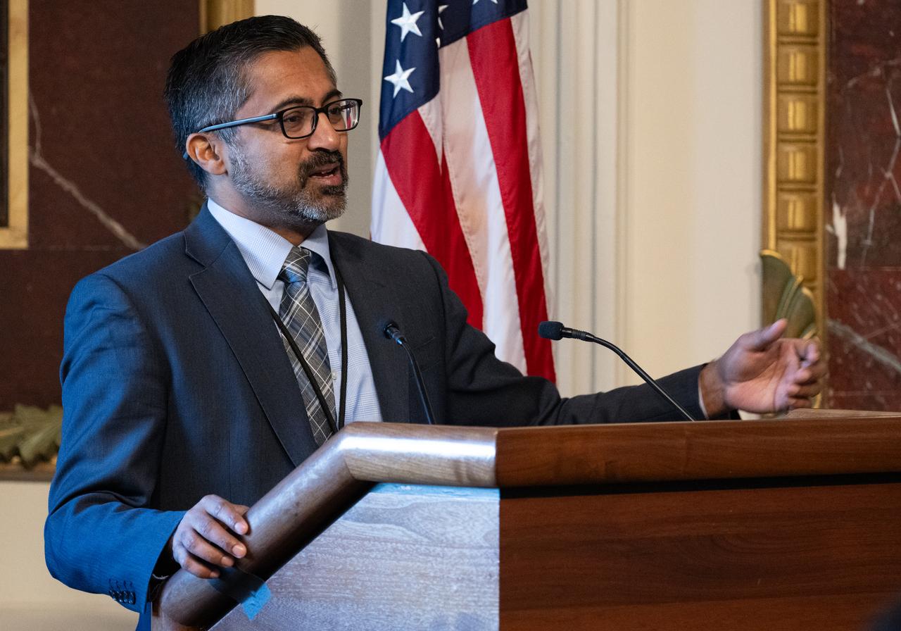 Chirag Parikh, Deputy Assistant to the President and National Space Council Executive Secretary, introduces NASA astronauts Loral O’Hara and Jasmin Moghbeli during a fireside chat, Wednesday, Dec. 4, 2024 at the Eisenhower Executive Office Building in Washington. O’Hara and Moghbeli spent six months in space as part of Expedition 70 aboard the International Space Station.  Photo Credit: (NASA/Joel Kowsky)