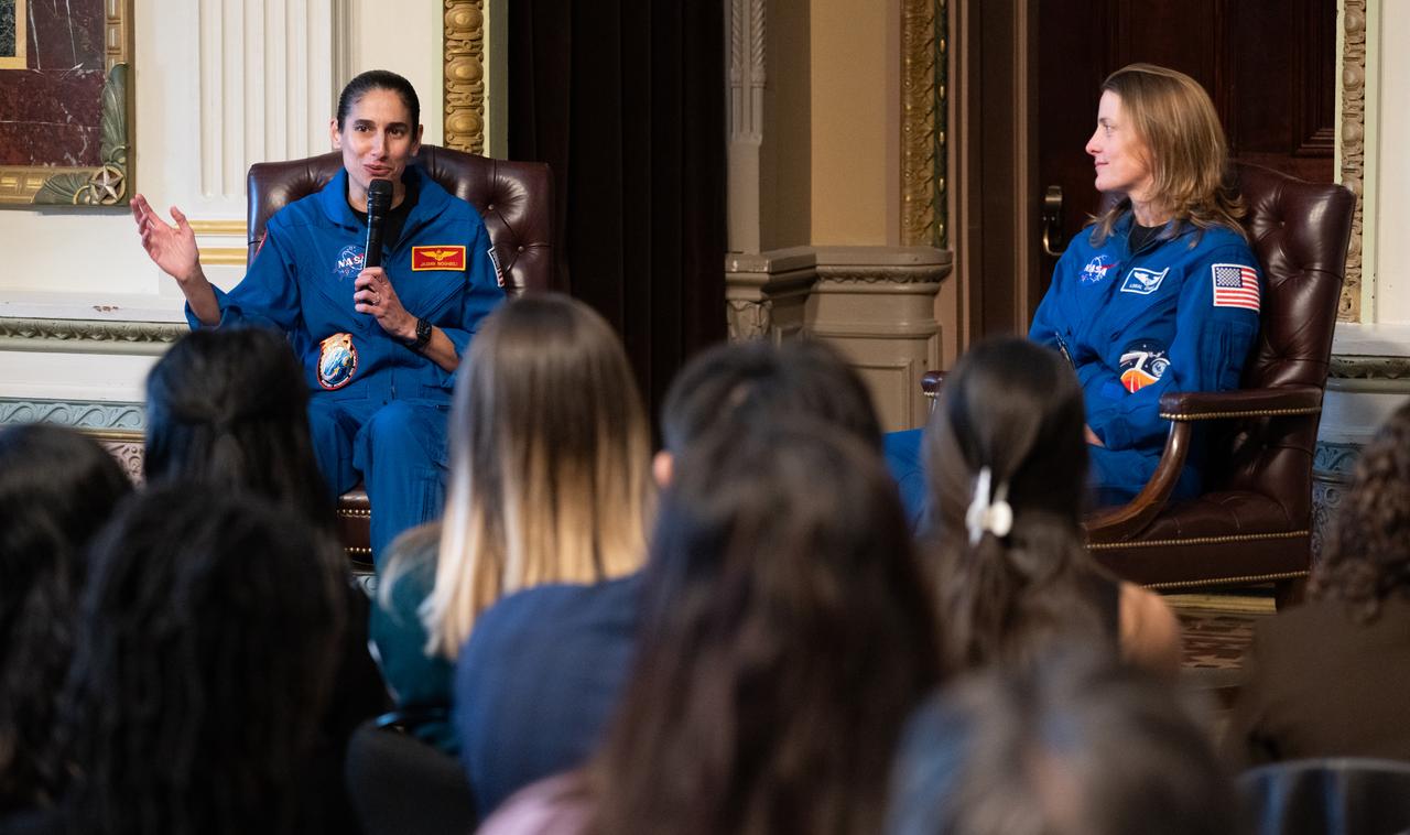 NASA astronauts Jasmin Moghbeli, left, and Loral O’Hara, right, answer a question during a fireside chat, Wednesday, Dec. 4, 2024 at the Eisenhower Executive Office Building in Washington. O’Hara and Moghbeli spent six months in space as part of Expedition 70 aboard the International Space Station.  Photo Credit: (NASA/Joel Kowsky)