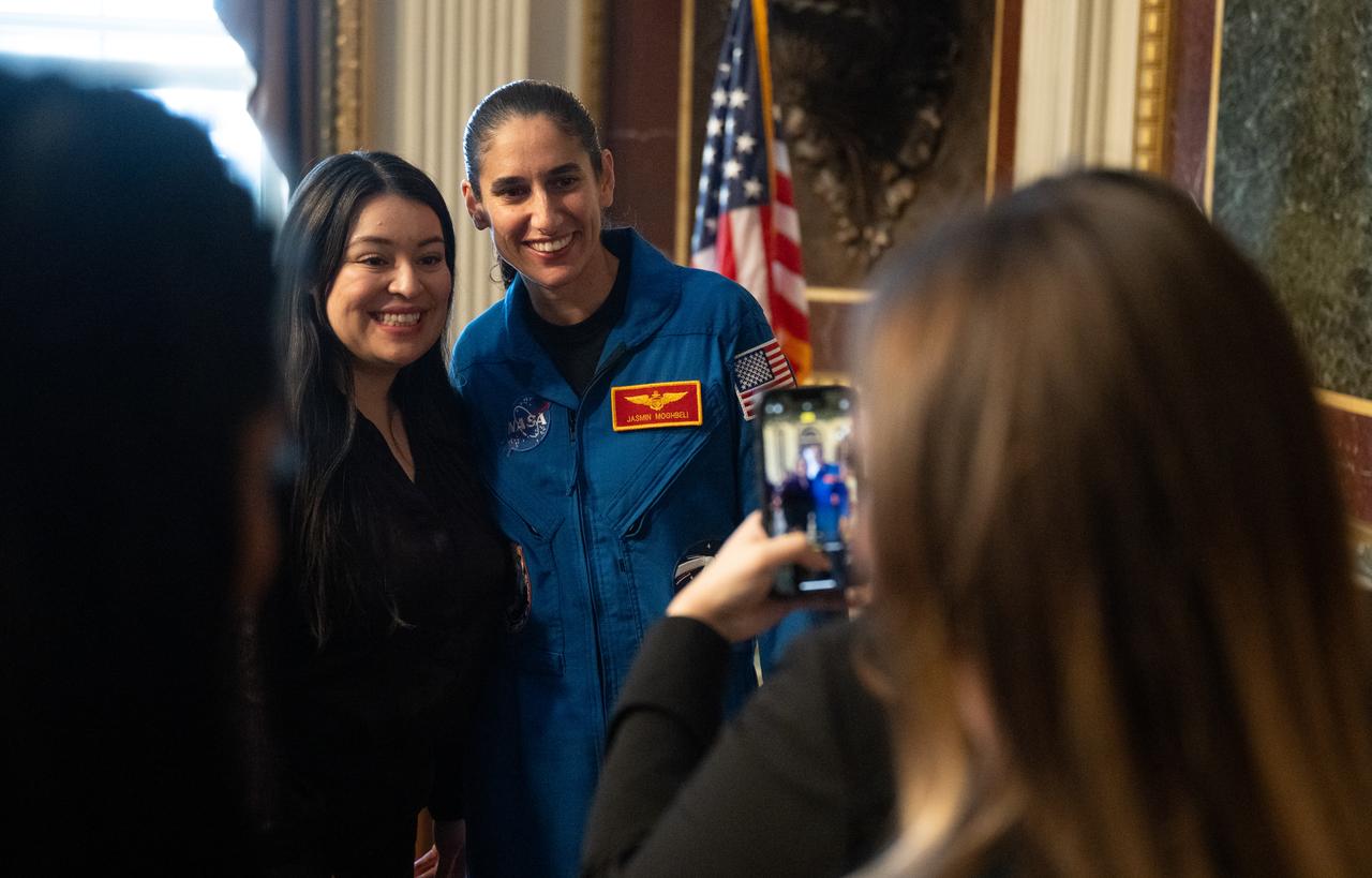 NASA astronaut Jasmin Moghbeli poses for a picture following a fireside chat, Wednesday, Dec. 4, 2024 at the Eisenhower Executive Office Building in Washington. Moghbeli and fellow NASA astronaut Loral O’Hara spent six months in space as part of Expedition 70 aboard the International Space Station.  Photo Credit: (NASA/Joel Kowsky)