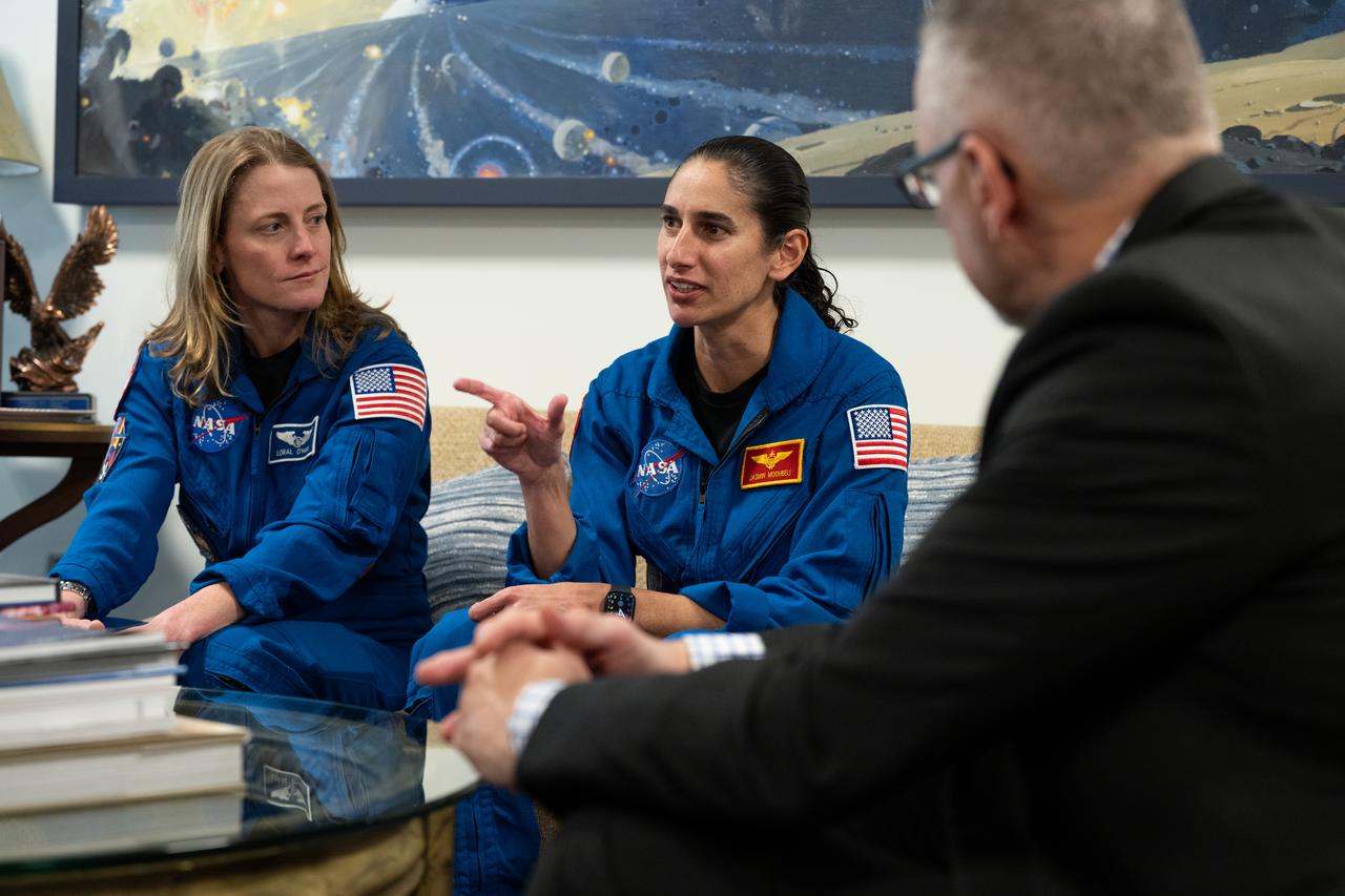 NASA astronauts Loral O’Hara, left, and Jasmin Moghbeli are seen as they meet with NASA Administrator Bill Nelson, NASA Deputy Administrator Pam Melroy, and NASA Associate Administrator Jim Free, Wednesday, Dec. 4, 2024, at the Mary W. Jackson NASA Headquarters Building in Washington. O’Hara and Moghbeli spent six months in space as part of Expedition 70 aboard the International Space Station.  Photo Credit: (NASA/Joel Kowsky)