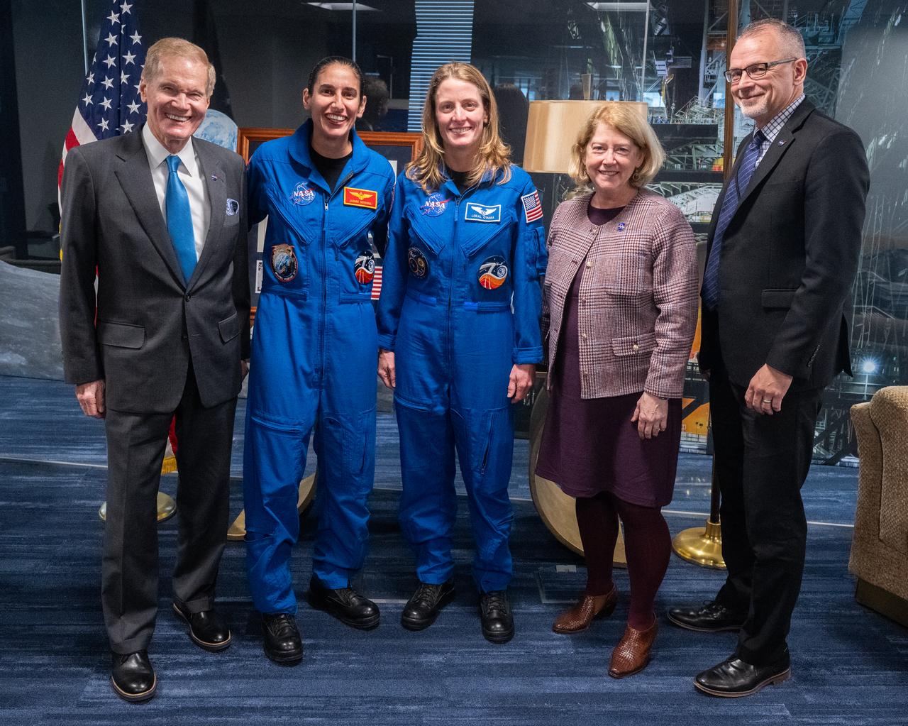 NASA Administrator Bill Nelson, left, NASA astronauts Jasmin Moghbeli, and Loral O’Hara, NASA Deputy Administrator Pam Melroy and NASA Associate Administrator Jim Free, pose for a picture after speaking about O’Hara and Moghbeli’s time aboard the International Space Station, Wednesday, Dec. 4, 2024, at the Mary W. Jackson NASA Headquarters Building in Washington. O’Hara and Moghbeli spent six months in space as part of Expedition 70 aboard the International Space Station.  Photo Credit: (NASA/Joel Kowsky)