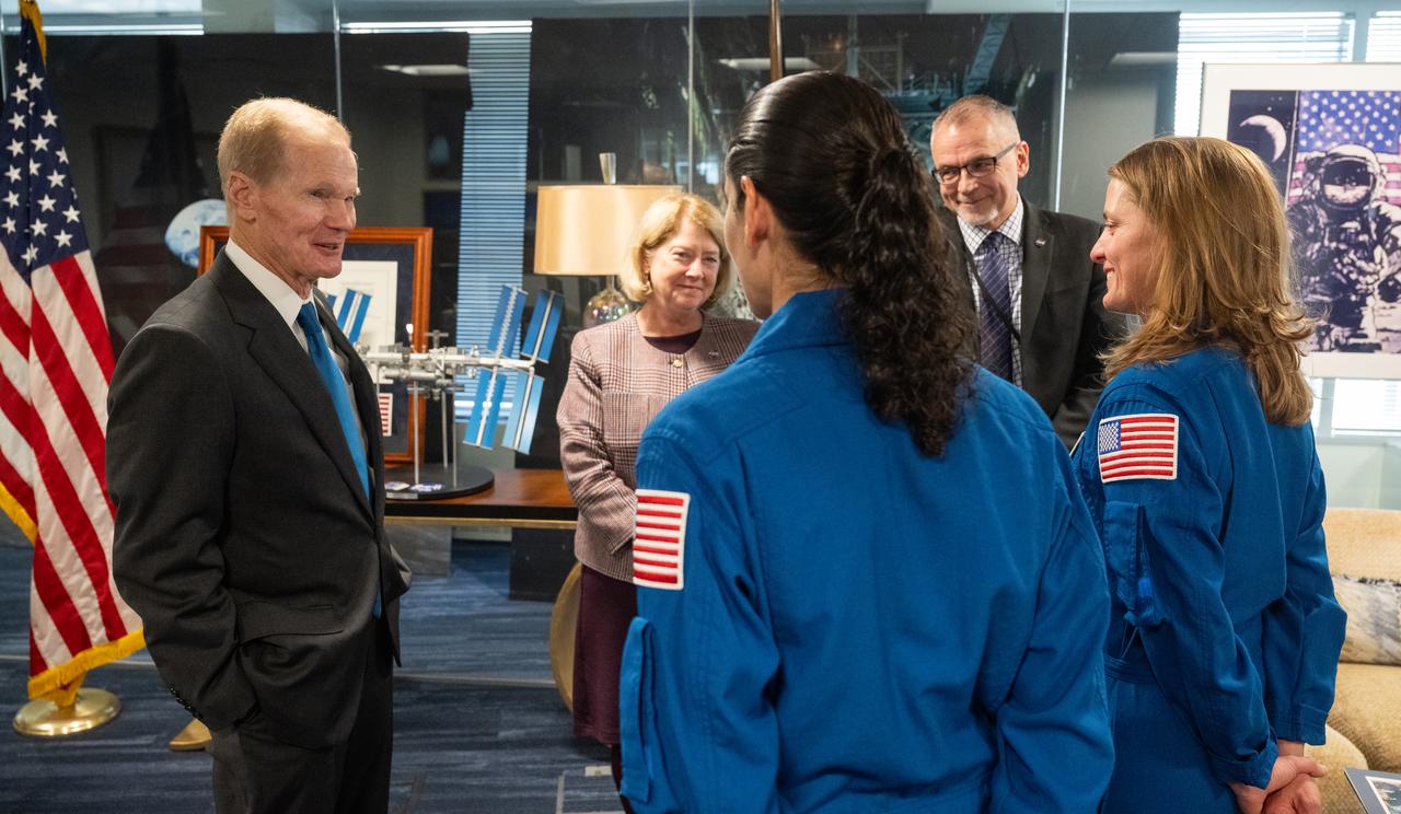 NASA Administrator Bill Nelson, left, speaks with NASA astronauts Jasmin Moghbeli and Loral O’Hara alongside NASA Deputy Administrator Pam Melroy and NASA Associate Administrator Jim Free, Wednesday, Dec. 4, 2024 at the Mary W. Jackson NASA Headquarters Building in Washington. O’Hara and Moghbeli spent six months in space as part of Expedition 70 aboard the International Space Station.  Photo Credit: (NASA/Joel Kowsky)