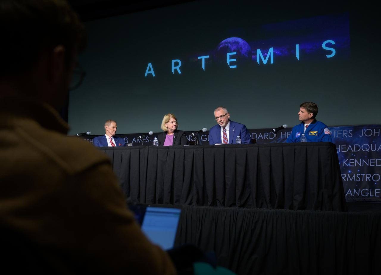 NASA Administrator Bill Nelson, left, NASA Deputy Administrator Pam Melroy, NASA Associate Administrator Jim Free, and, NASA Astronaut and Artemis II commander Reid Wiseman, right, are seen during an update on NASA's Artemis campaign, Thursday, Dec. 5, 2024, at the NASA Headquarters Mary W. Jackson Building in Washington. Photo Credit: (NASA/Bill Ingalls)