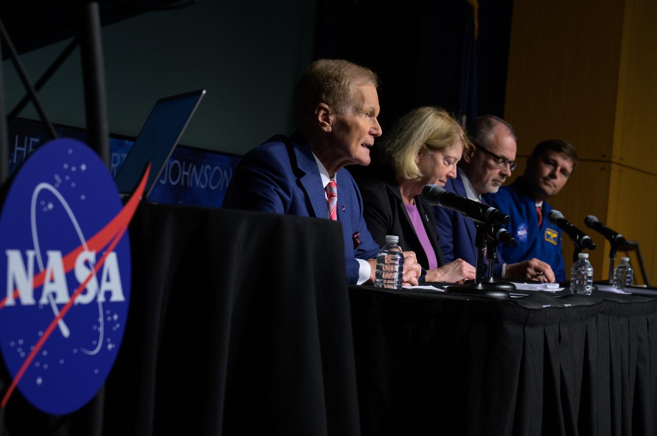 NASA Administrator Bill Nelson, left, gives remarks during an update on NASA's Artemis campaign, Thursday, Dec. 5, 2024, at the NASA Headquarters Mary W. Jackson Building in Washington. Photo Credit: (NASA/Bill Ingalls)