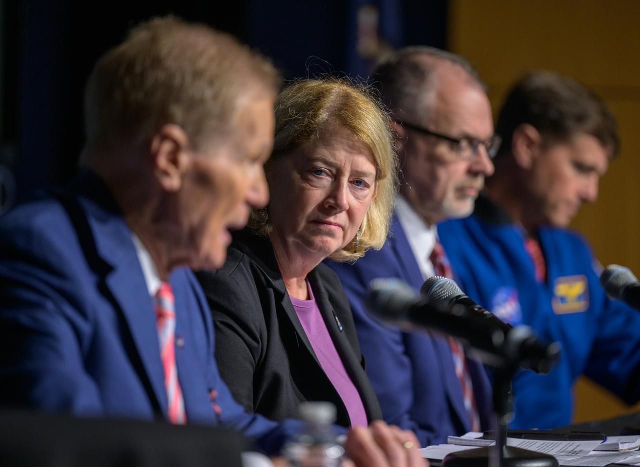NASA Deputy Administrator Pam Melroy, listens as NASA Administrator Bill Nelson, gives remarks during an update on NASA's Artemis campaign, Thursday, Dec. 5, 2024, at the NASA Headquarters Mary W. Jackson Building in Washington. Photo Credit: (NASA/Bill Ingalls)