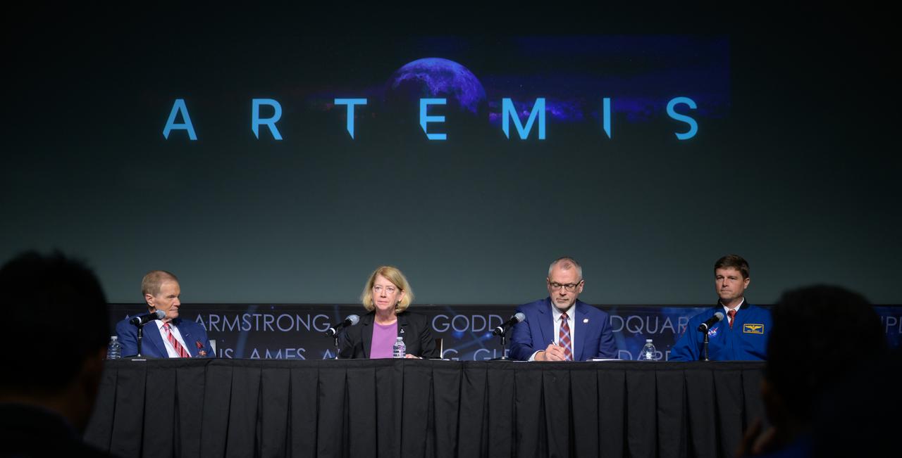 NASA Administrator Bill Nelson, left, NASA Deputy Administrator Pam Melroy, NASA Associate Administrator Jim Free, and, NASA Astronaut and Artemis II commander Reid Wiseman, right, are seen during an update on NASA's Artemis campaign, Thursday, Dec. 5, 2024, at the NASA Headquarters Mary W. Jackson Building in Washington. Photo Credit: (NASA/Bill Ingalls)