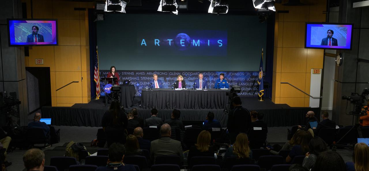 NASA Deputy Associate Administrator for the Moon to Mars Program in the Explorations Systems Development Mission Directorate, Amit Kshatriya, on monitors, NASA Administrator Bill Nelson, seated left, NASA Deputy Administrator Pam Melroy, NASA Associate Administrator Jim Free, and, NASA Astronaut and Artemis II commander Reid Wiseman, right, are seen during an update on NASA's Artemis campaign, Thursday, Dec. 5, 2024, at the NASA Headquarters Mary W. Jackson Building in Washington. Photo Credit: (NASA/Bill Ingalls)