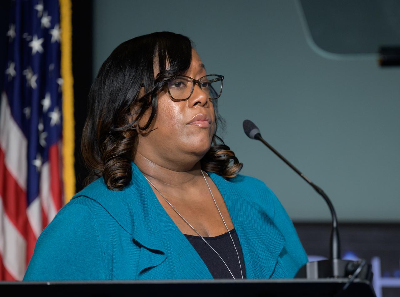 Michelle Jones, Deputy Associate Administrator for NASA’s Office of Communications, kicks off a NASA agencywide all hands, Friday, Dec. 6, 2024, at the NASA Headquarters Mary W. Jackson Building in Washington. Photo Credit: (NASA/Bill Ingalls)