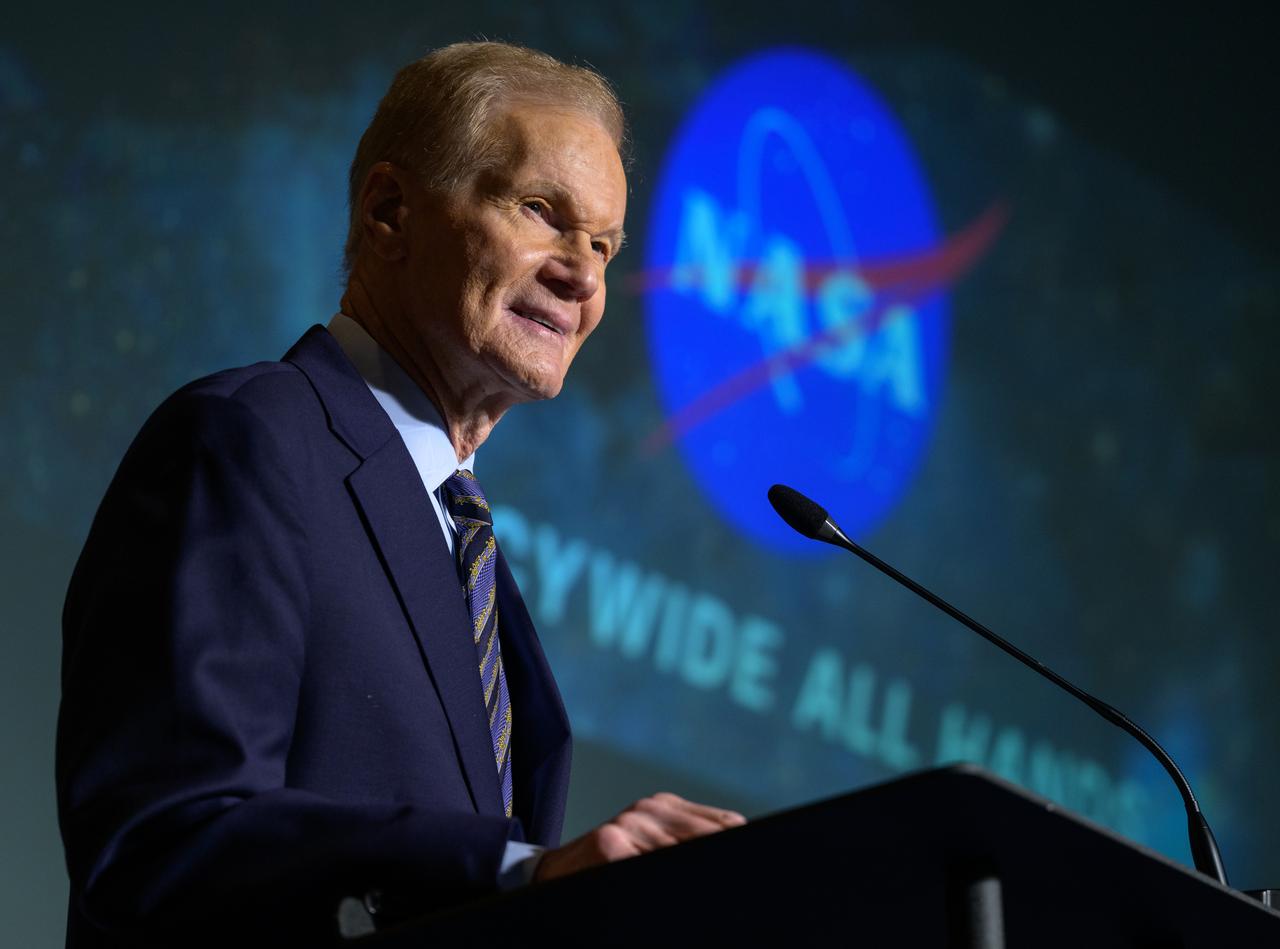NASA Administrator Bill Nelson, gives remarks during a NASA agencywide all hands, Friday, Dec. 6, 2024, at the NASA Headquarters Mary W. Jackson Building in Washington. Photo Credit: (NASA/Bill Ingalls)