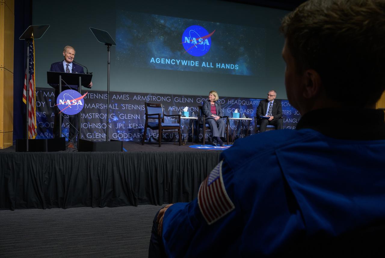 NASA Administrator Bill Nelson, gives remarks during a NASA agencywide all hands, as NASA Deputy Administrator Pam Melroy, and NASA Associate Administrator Jim Free, right, look on, Friday, Dec. 6, 2024, at the NASA Headquarters Mary W. Jackson Building in Washington. Photo Credit: (NASA/Bill Ingalls)