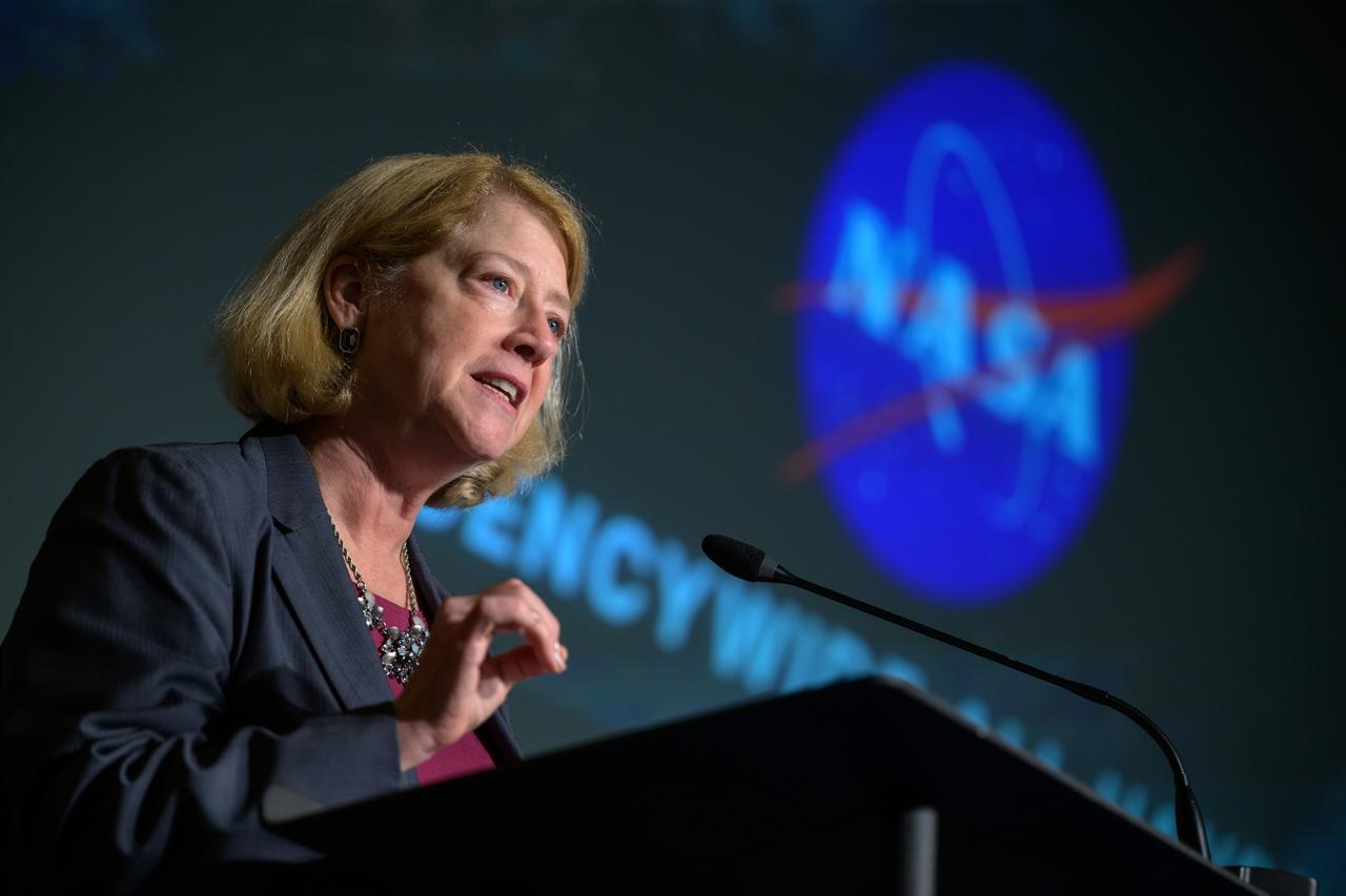 NASA Deputy Administrator Pam Melroy, gives remarks during a NASA agencywide all hands, Friday, Dec. 6, 2024, at the NASA Headquarters Mary W. Jackson Building in Washington. Photo Credit: (NASA/Bill Ingalls)