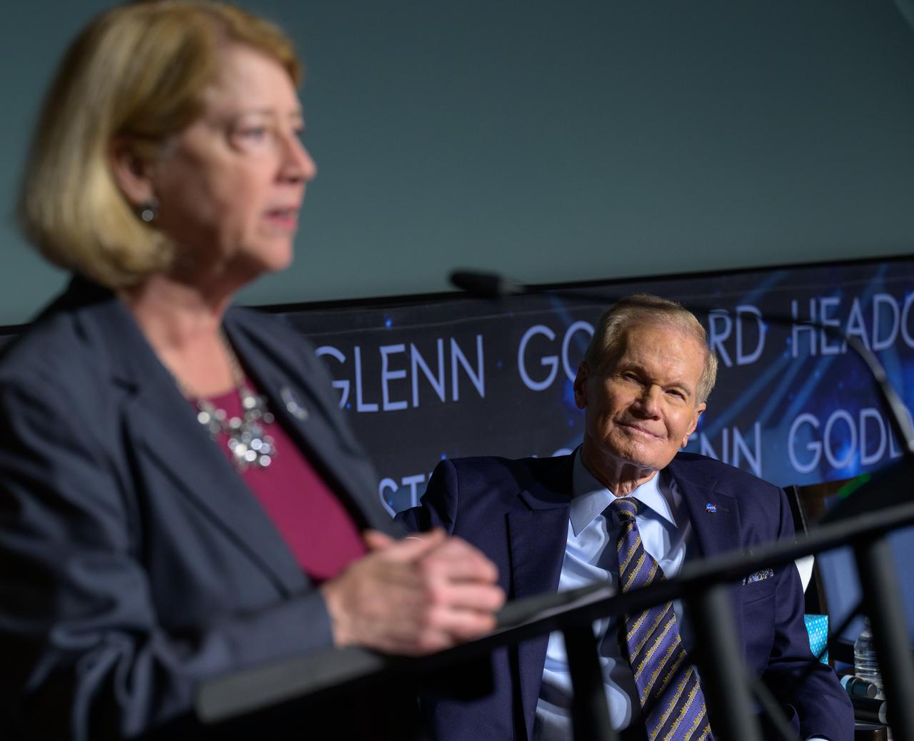 NASA Administrator Bill Nelson, listens as NASA Deputy Administrator Pam Melroy, gives remarks during a NASA agencywide all hands, Friday, Dec. 6, 2024, at the NASA Headquarters Mary W. Jackson Building in Washington. Photo Credit: (NASA/Bill Ingalls)